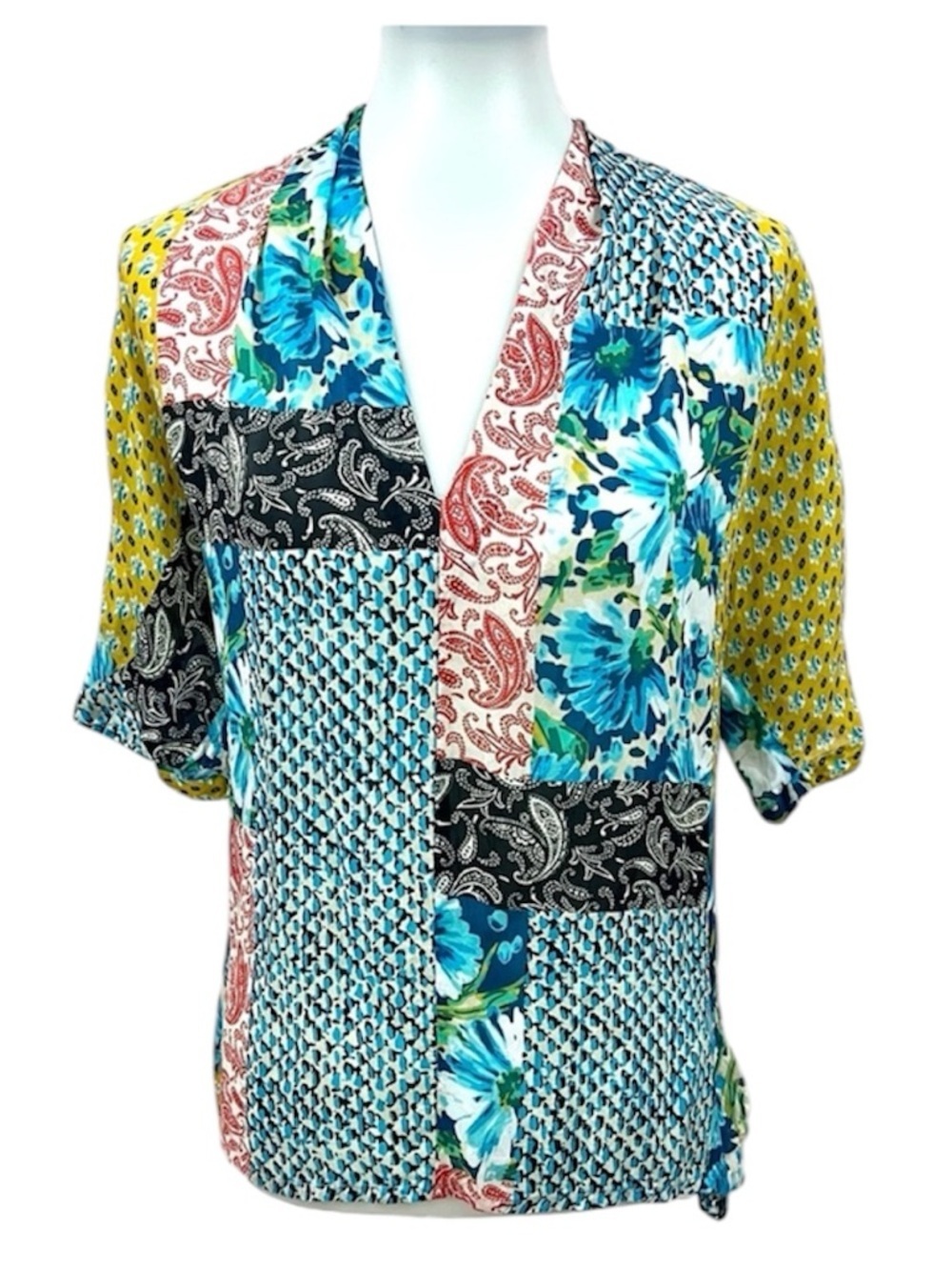 Johnny Was Boho Patchwork Paisley Ravenne Side Tie V-neck Blouse
